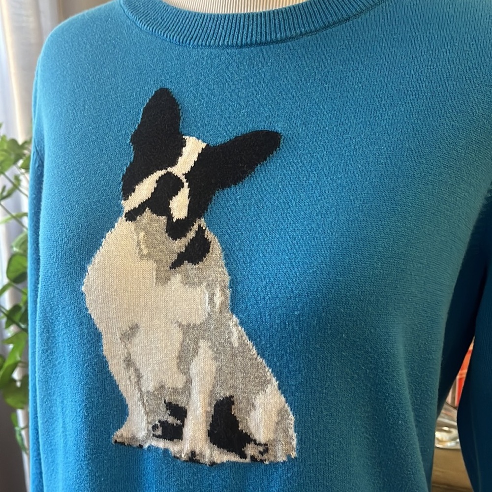 CROWN & IVY BOSTON TERRIER KNIT SWEATER BLUE BLACK WHITE SIZE PM - Picture 3 of 11